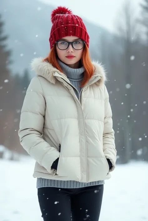 A slender sexy girl in a sexy pose with short red hair in a square style, wearing glasses, a white jacket, black pants, a red winter hat. It stands against the background of a beautiful winter landscape