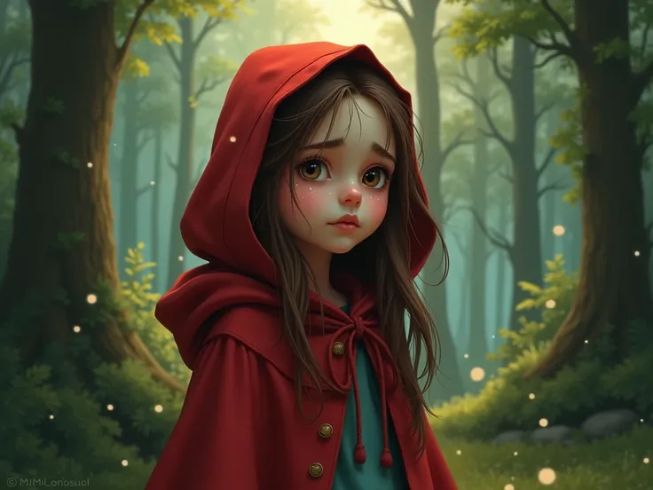  A 10-year-old Caucasian girl with long brown hair wearing a red hooded cape with ((((eyes filled with tears )))), standing in a forest setting 