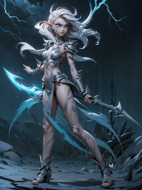 ((masterpiece, best quality, 16k)), ((full body)), (1girl), A fierce demonic elf warrior with short, spiked white hair and piercing silver eyes, her expression exuding wild fury. Sylra wears an asymmetrical armor of storm-gray metal with jagged spikes, wit...