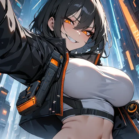 
masterpiece, best quality, 1 woman, milf, big breasts, slim body, short black hair, glowing orange eyes, black sundglasses, white crop top, black cyber jacket, future city, cyberpunk, cyber pistol in the hand, shooting, smirks, evil grin, close view
