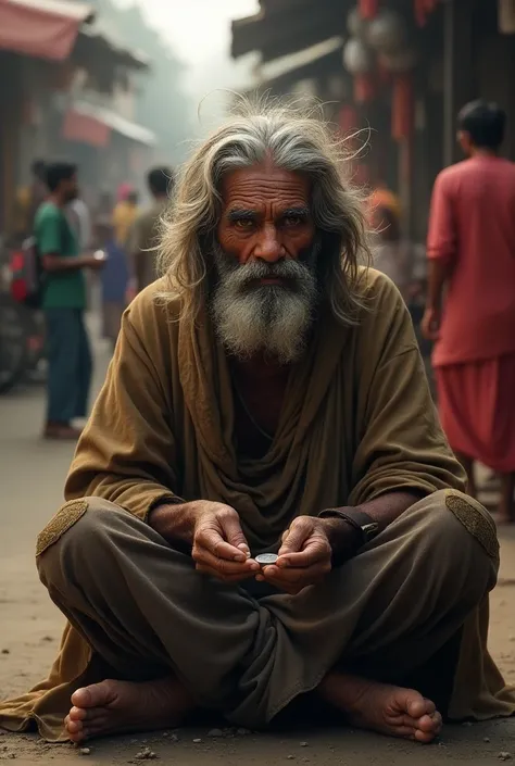 Indian beggar with. Long unkempt haira and tattered cloak his hands trembled as he held a small silver coin his face has wrikles his eyes are cloudy and dull  is sitting in a Indian village market 
