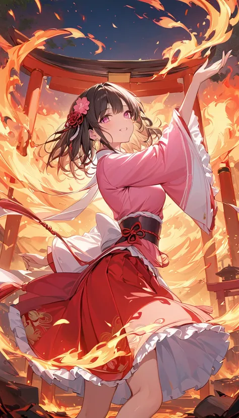 high frequency: 1.8, Rich details, masterpiece, 8k, A beautiful shrine maiden in a pink shirt stands in front of a flame, Dancing, Fans waving, The fan is burning, Maidens engulfed in flames, Burning battlefield background,  