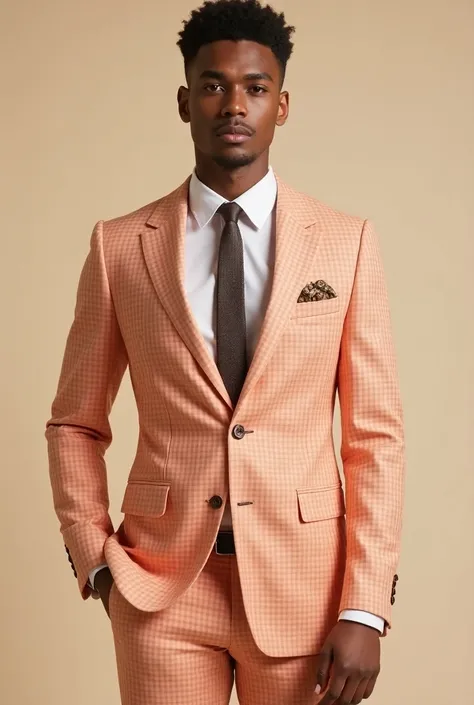 Make a photo of a men wearing a blazer of peach colour with checks pattern on it