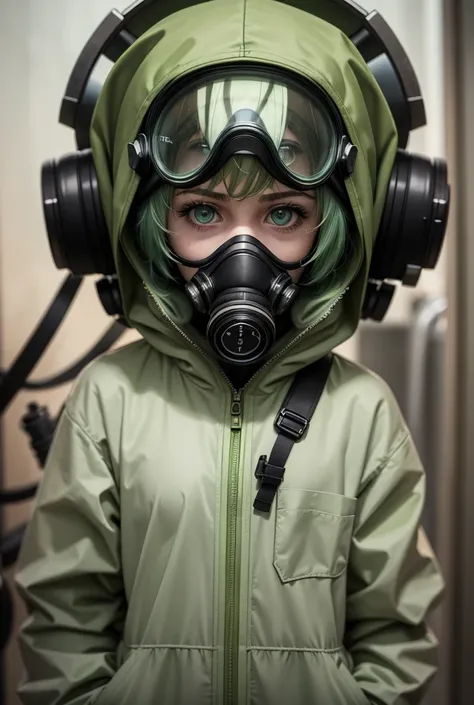 1girl, standing portrait, Central Focus, Centered, Fully in-frame, Solo, Standing still, zoomed out

Gender: Female

Appearance: Chernobyl scientist girl with short green hair and lab goggles and a gasmask wearing a green hazmat suit over a sleek white lab...