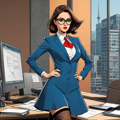 Woman rich DRESS, stockings, Serious face, glasses, business woman, comic 2d style   