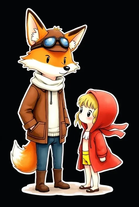 Set of sticker ,((no shadow)), japanese minimal,on black background.A pilot red fox, with a friendly and adventurous look. He wears a brown leather jacket and a white scarf fluttering in the wind. Black ink lines with brown watercolor for his jacket and ca...