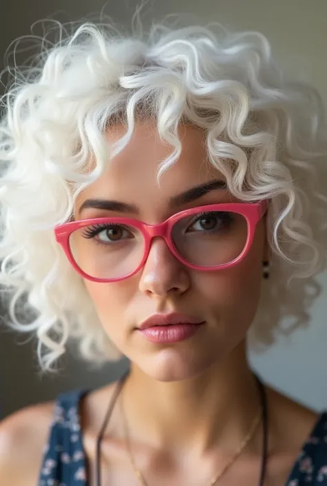 Woman, white curly hair with highlights, Brazilian, northeastern. lowrise, thick lips, wears pink cat-eye glasses, 60 kilos, eyes browns. slightly slanted eyes, shoulder hair. Small and slightly curved eyebrows. Short neck, 1,58 tall