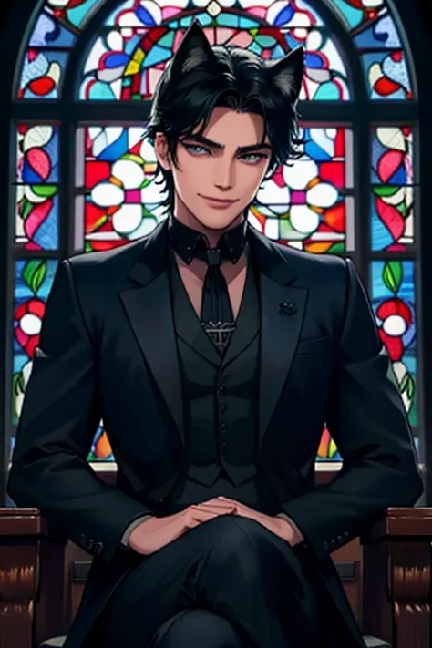 Perfect face. Perfect hands. A black haired man with blue eyes and navy wolf ears and a navy wolf tail in a Gothic suit is smiling while sitting in front of a stained glass window in a Gothic ballroom