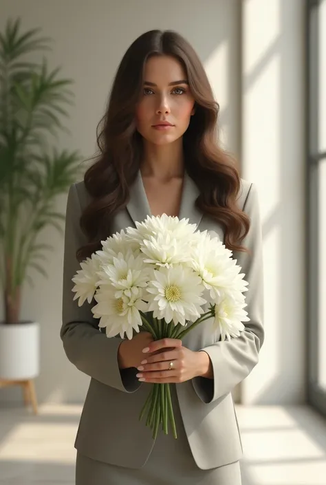  Beautiful girl of Slavic appearance with wavy long hair in a delicate office dress, holding white chrysanthemums and showing them to the viewer , vector ,  polygon , 8 k