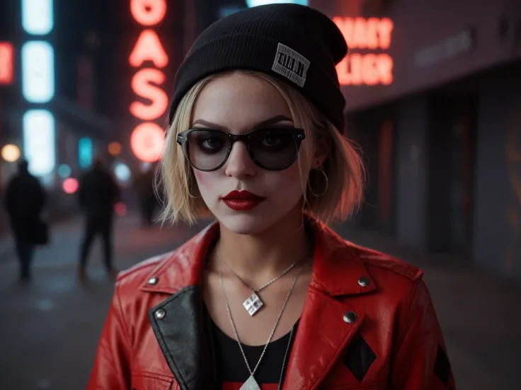 Marla Singer is Harley Quinn in a multiverse, superhero clothes, in a destroyed, realistic, detailed city. Face close up, alternative girl, watching over black sunglasses, jacket, necklace, neon light reflections on skin, ear ring, makeup, skin imperfectio...