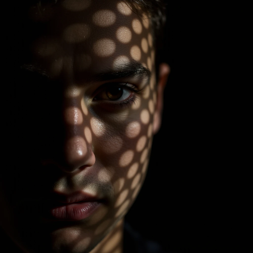 A photo of a (face bathed in patterned light:1.3), (speckled shadows:1.2), (captivating gaze:1.1), (contrast of light and texture:1.2), artistic interplay, (sharp luminous streaks:1.1), (detailed iris:1.1), Sony α7R IV, 1/320s, f/2.8, ISO 400, (enigmatic e...