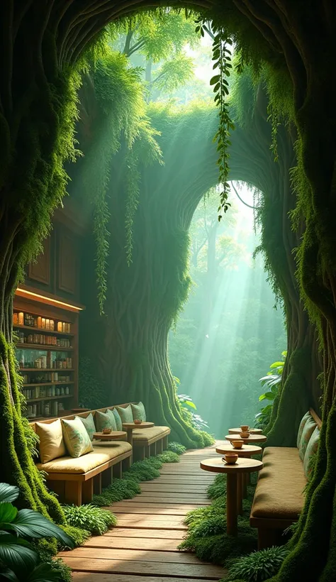  a healing space where you can enjoy forest bathing 。 its a space integrated with nature ： the inside and outside of the cafe is full of moss and ferns 、 The green light flickers every time sunlight shines in 。店舗は樹齢何百年もの巨treeの幹をくりぬいて作られており、 gentle natural ...