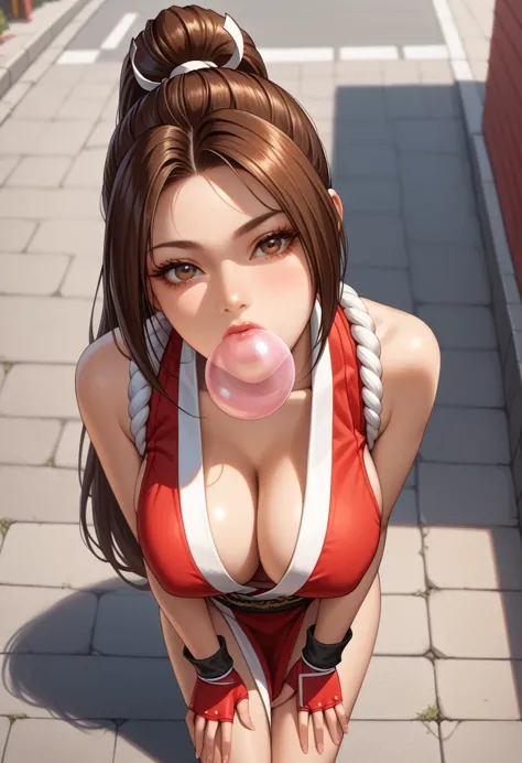 1 , alone,mai shiranui,(((  long hair,  brown hair )))  brown eyes, red gloves, fingerless gloves, thighs, lean forward,  big br...