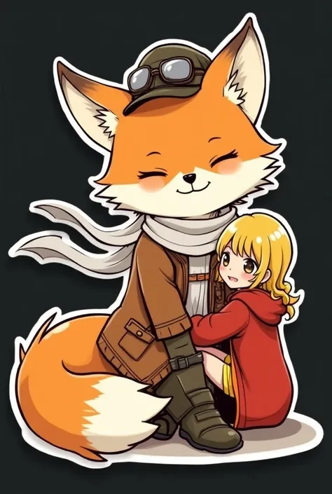 Set of sticker ,((no shadow)), japanese minimal,on black background.A pilot red fox, with a friendly and adventurous look. He wears a brown leather jacket and a white scarf fluttering in the wind. Black ink lines with brown watercolor for his jacket and ca...