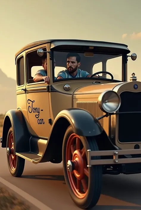  Messi driving a 1929 Ford A plotted with the inscription "TONY - CAR "