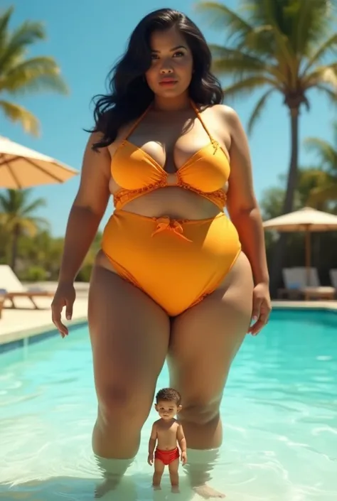 A curvy woman in a swimsuit about to sit on a shrunken 6-inch-tall man