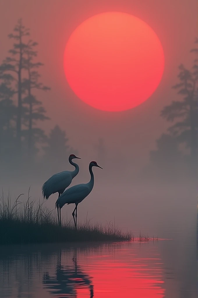 A serene scene featuring two elegant cranes standing on a small island of grass in a calm body of water. The background has a large, vivid red sun setting near the horizon, casting a soft glow. The misty atmosphere adds a tranquil effect, with the silhouet...