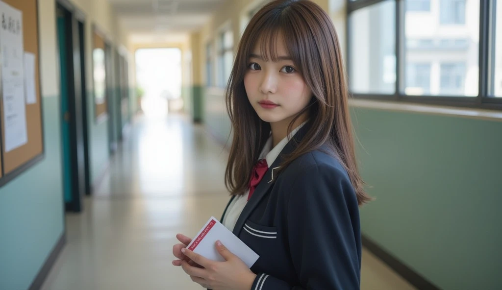 A realistic full-body photograph of a Japanese high school girl standing in a school hallway, captured from a side angle. She holds a small envelope in her hand and gazes directly at the camera with a calm, contemplative expression. Her school uniform is n...