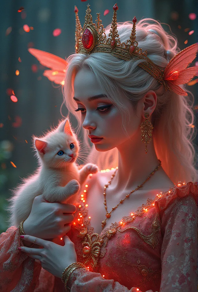 girl queen luna sexy com um filhote de gatinho fofo peludo + a rose-dark-haired beautiful petite fairy with pétalas red fire  ne...