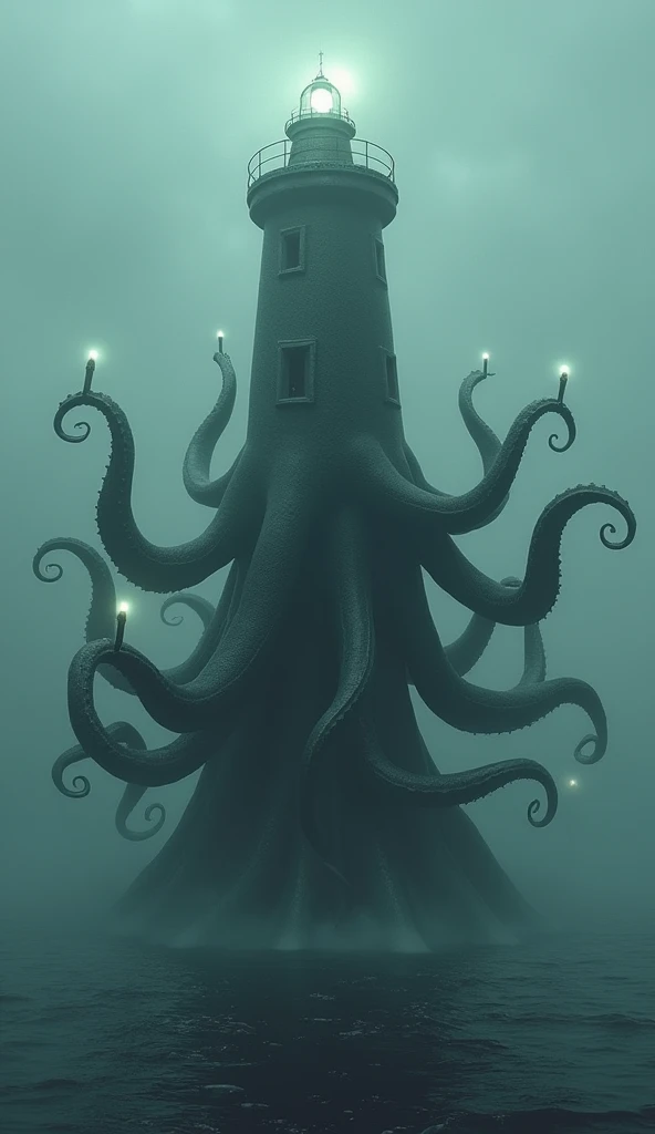 Create a surreal fusion creature that merges the fluid, tentacled form of an octopus with the structure of a lighthouse. This being should have tentacles sprawling from its base, each adorned with small lights resembling beacon beams. Its body should resem...