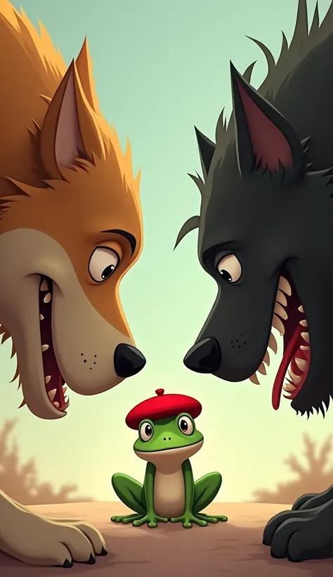  a nice vector of a small frog with a cute and cute ( the frog has a mini red beret ) small size, The frog is standing in the middle of two huge angry and big powerful dogs that are staring at each other,, illustration digital,, zooming in to perfection , ...