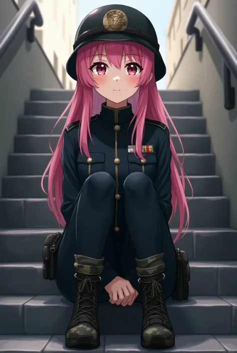  A 24-year-old girl in a dark military uniform is sitting on the steps, dressed in disguise camouflage shoes she has pink hair, helmet,  sweet smile everything in the style of near-realism about anime !