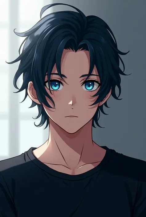 Anime boy Long hair with blue eyes jaw line face black tshirt 