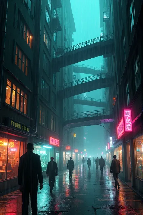 A futuristic, rainy cityscape at night, where neon lights from signs and shop windows glow through the mist, casting colorful reflections on the wet streets. The tall, narrow buildings are stacked with walkways and staircases connecting various levels, cre...