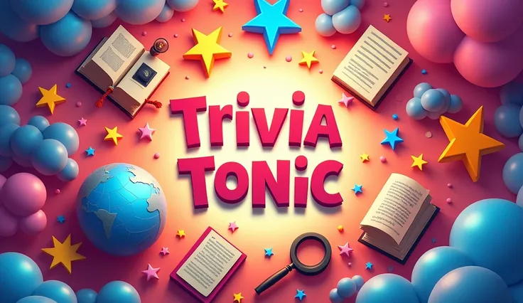 Design a realistic cover photo for the ‘Trivia Tonic’ channel. The cover should feature a dynamic and colorful background with a mix of fun fact-related icons such as a globe, books, and magnifying glass. The text ‘Trivia Tonic’ should be small and centere...