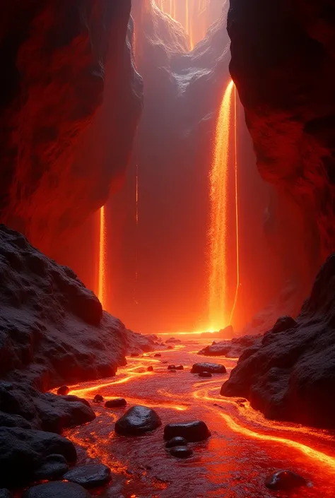 Wide angle, dynamic motion: A stunning lava cave with molten rivers and glowing stalactites. Camera Movement: Sweeps through the caves interior, capturing the vibrant contrast of colors. Additional details: The camera lingers on the colorful waterfalls for...