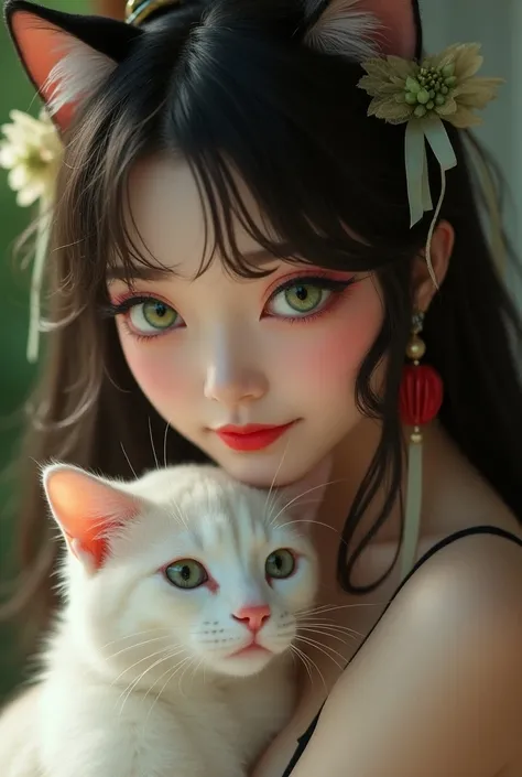 Cosplay de cat-girl. She is 22 years old and has a delicate and exotic beauty. Your eyes, of a vibrant green, They are slightly pulled , resembling a cat&#39;s eyes. Your hair, long and silky,  are dark brown and are usually adorned with accessories inspir...