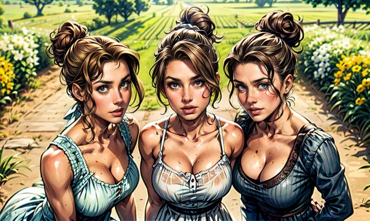 a close-up of 3 sexy unique Caucasian farming sisters with lusty flirty expressions and their hair up in a messy bun. all are dressed like tomboys and standing on the porch of a beautiful white heritage farmhouse in the mid-west on a sunny afternoon, looki...