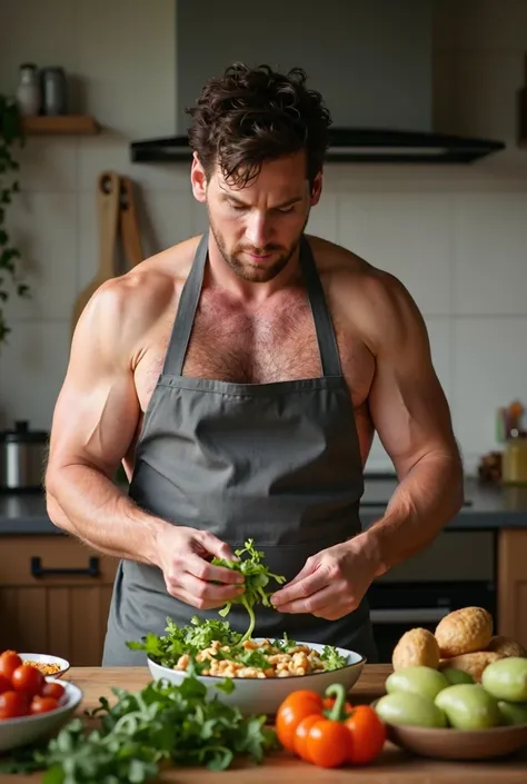 Chubby player Messi ,  just wearing an apron in the kitchen preparing healthy meals, like salads and proteins ,  demonstrating their dedication to lifestyle change . Hes chubby .  Ultra realistic