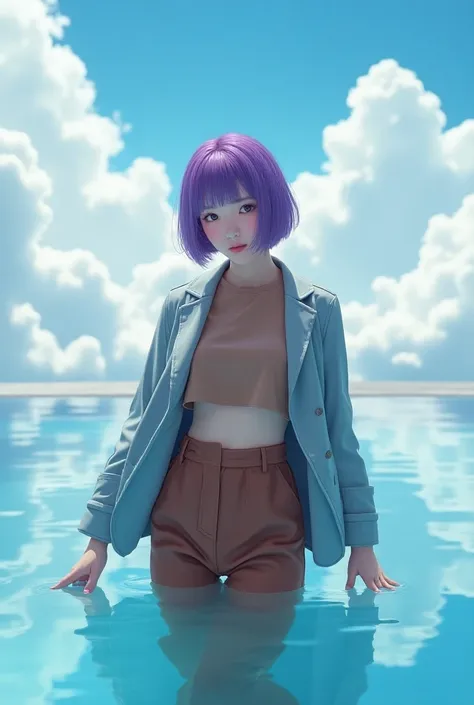  Purple haired korean girl wearing a croptop coat brown shirt ,brown panties standing in the sky pool  
