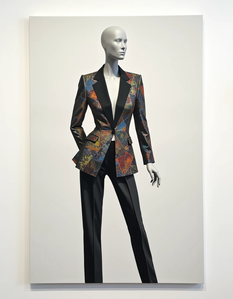  A Cubism movement painting depicting a mannequin wearing a sophisticated outfit; White studio wall 