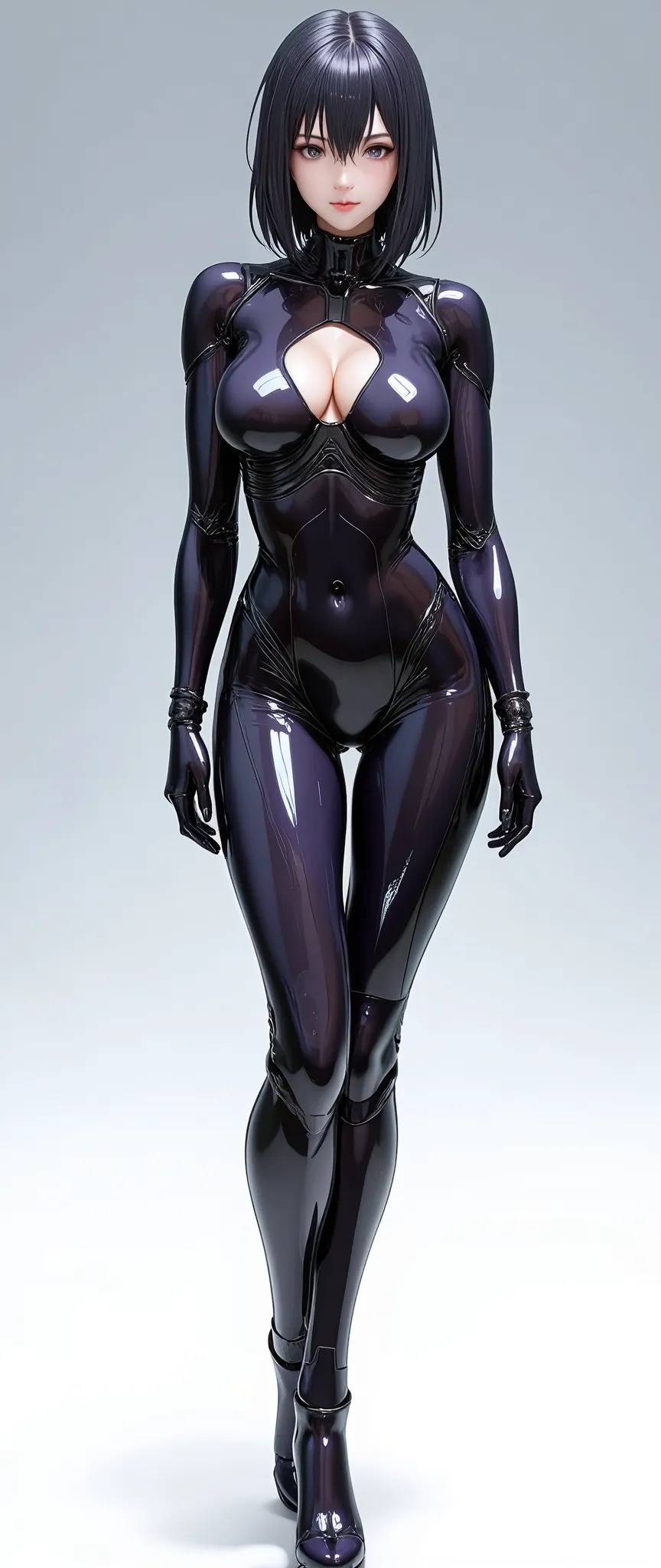 (masterpiece:1.2, Superior Quality ,Mirror finish,    cinematic experience   ,Super detailed),16k,  wallpaper,(semi realistic android woman:2.0),(whole body:2.0),   flat color  ,(beautiful android woman with grey and white background :2.0),(  Cyberpunk :2.0),(  Anime Artwork),  beautiful gradation ,(  super sexy:2.0),(   and has perfect proportions :2.0),( Shiny Bodysuit :2.0),(  Sexy Poses :2.0)