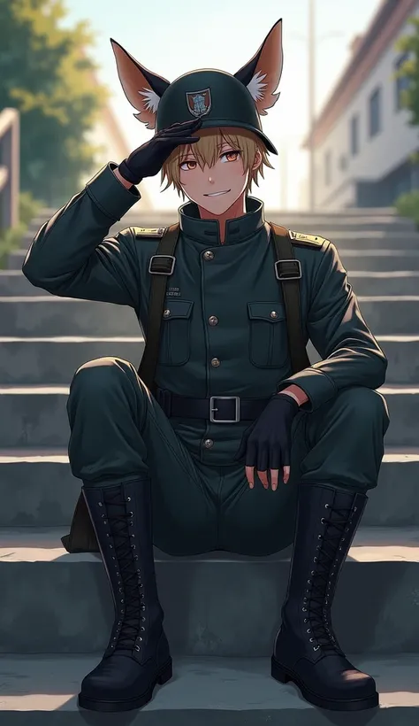 a 24-year-old man in a military dark uniform sits on the edge of the steps;  legs down one hand lowered the other at the forehead like a soldier! with fox ears, on the steps, dressed in disguise boots camouflage hair , helmet,  sweet smile everything in th...