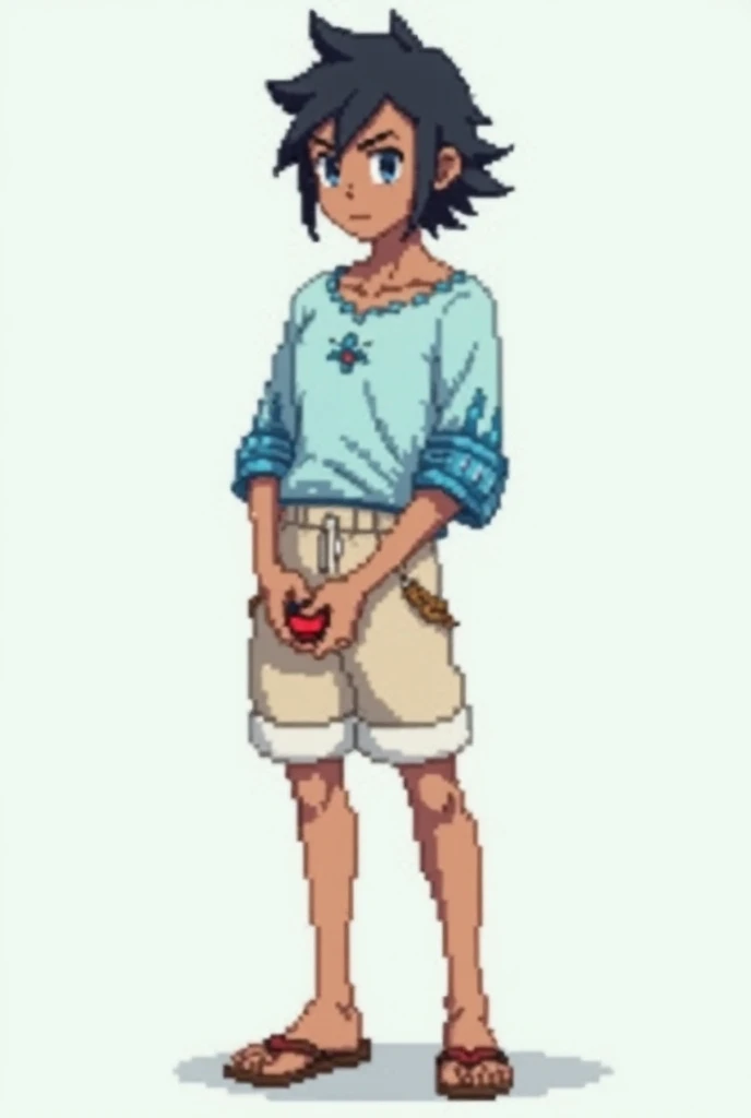  create a full-body pixel-art of a masculine-looking character , young adult,  in the style of the game :  Pokemon Black and White following the following instructions .  Make it look like an adult .  Make him have brown skin .  Make the character with the...