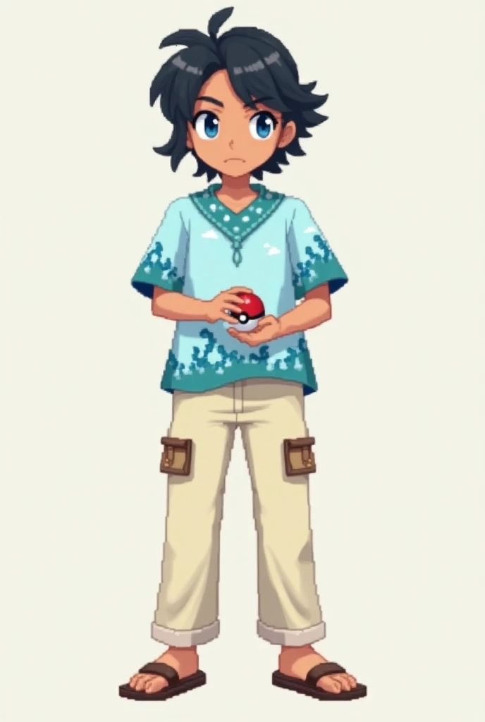  create a full-body pixel-art of a masculine-looking character , young adult,  in the style of the game :  Pokemon Black and White following the following instructions .  Make it look like an adult .  Make him have brown skin .  Make the character with the...