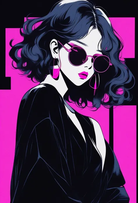 (Best Quality, Sketch: 1.2), Real, Illustrator, Japanese Cartoon, 1 Person, Delicate Lips, Black Dress 8, Custom, Background Black, Neon Hair, Texture Clipping, Masterpiece, Style: Vintage, Deep Black, Art, Sketchbook, (Hair Black: 1.75 Neon Light: 1.32), ...