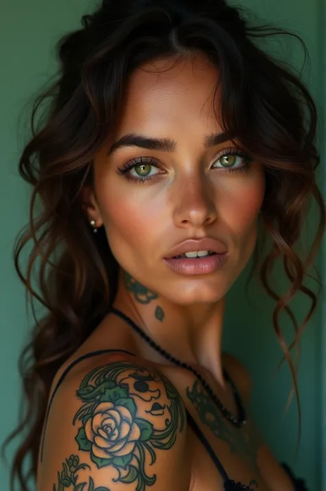 Brazilian woman, dark-skinned, striking green eyes, ornamental tattoos, com estilo streetwear