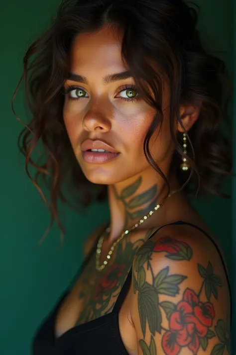 Brazilian woman, dark-skinned, striking green eyes, ornamental tattoos, com estilo streetwear