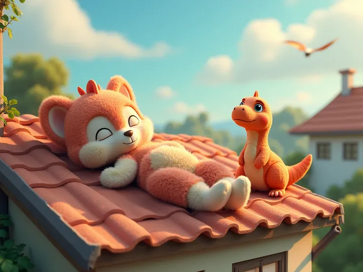 A furry lying on the roof of a house
And there is an animated dinosaur next to him 