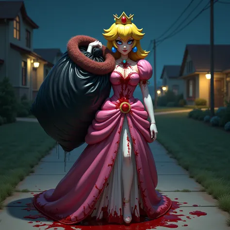 Full body image of Princess Peach wearing her classic pink dress covered in blood, and her face and boobs covered in blood, with her boobs visible, holding a big black trash bag using her hands over the shoulder with pink furr covered in blood on the top o...