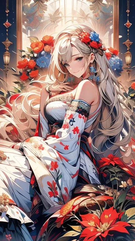 (masterpiece, High resolution, Best Quality, Official Art), Detailed artwork, One young beautiful woman, Big Breasts, Silver blonde medium long, Beautiful blue eyes, Look at me and smile, Detailed facial depiction,  (Glowing Skin), Lace dress, (colorful:1....