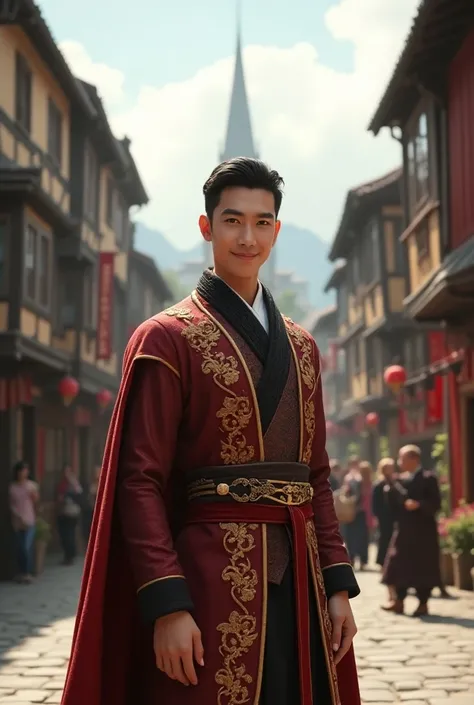 (Photorealism:1.2) A young Asian man, black hair, dressed in a fancy dress, standing in the middle of a medieval city, smiling, cheerful, brave, confident in himself.