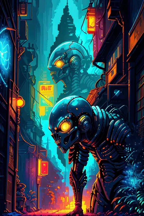 a classic arcade video game,outer space station,mysterious alien creatures,pixel art style,detailed pixel art,intricate pixel art,cyberpunk,neon lights,action,adventure,highly detailed,detailed environment,detailed background,detailed characters,detailed a...