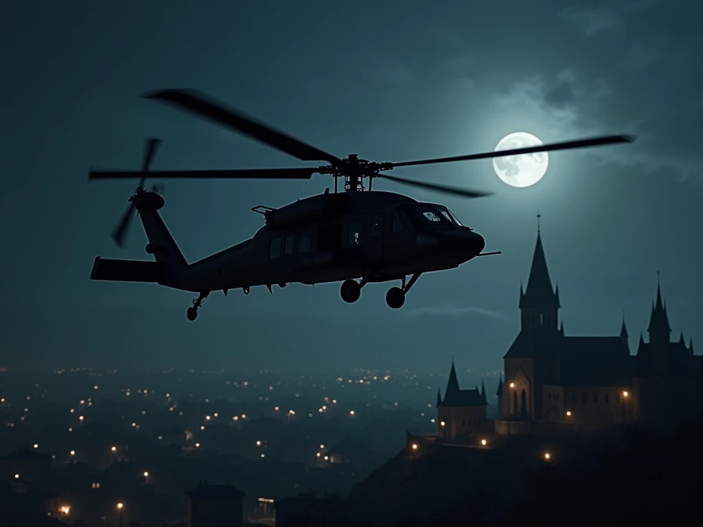 Stelth black hawk helicopter, fly over kings Landing, in the night 