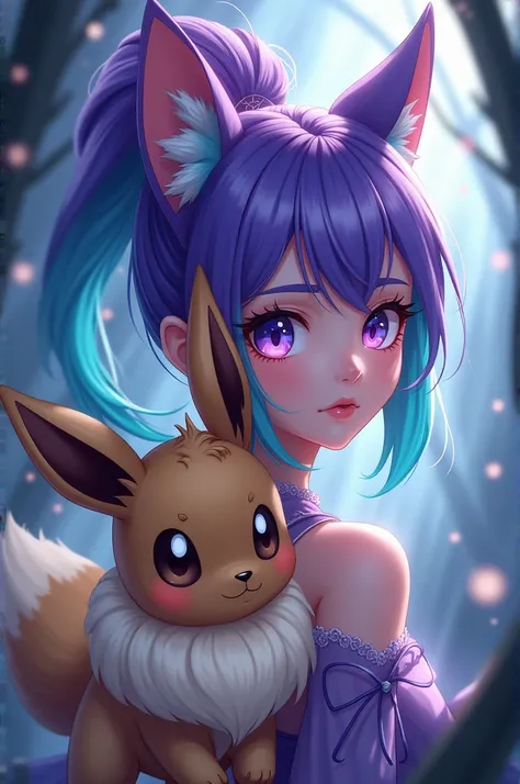 Con el pelo morado con una cola de caballo orejas de gato con un mechon cian♀️ con Eevee Pokémon real Personaje de gacha 