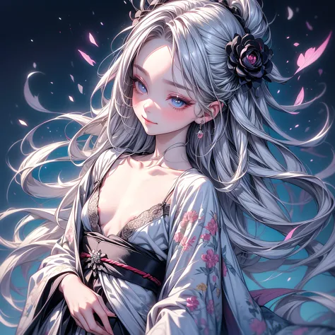 absurd,anime,detailed and beautiful eyes,(artstyle),（kimono:1.5）,silver　hair,(a girl:1.5),(small breasts:1.2),(small chest:1.2),...